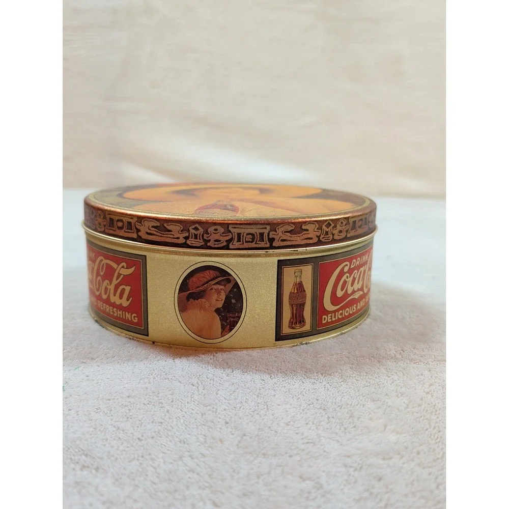 Vintage 1984 Coca-Cola Collectible Tin Girl With Hat Bristol Ware Round Gold 6in